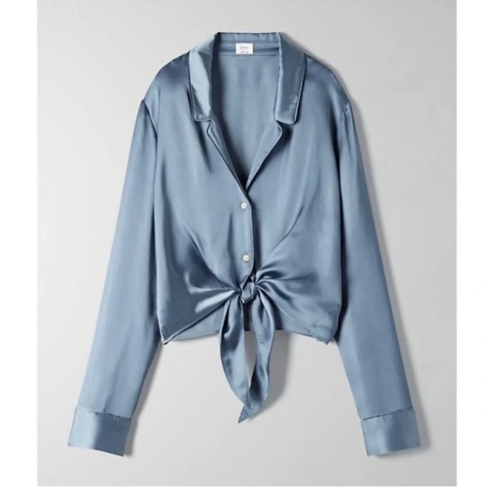 Wilfred by Aritzia Tie-Front Satin Blouse – Granite Blue – Size Small – NWT - Picture 2 of 13